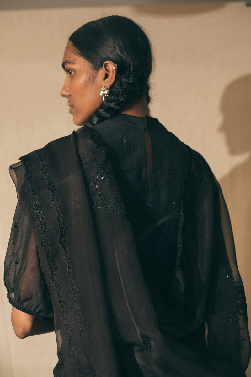 Black Peacock Cutwork Saree