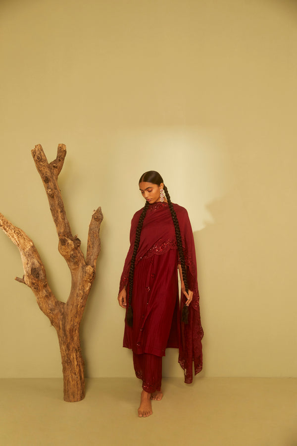 Maroon Sunshine Cutwork Dupatta