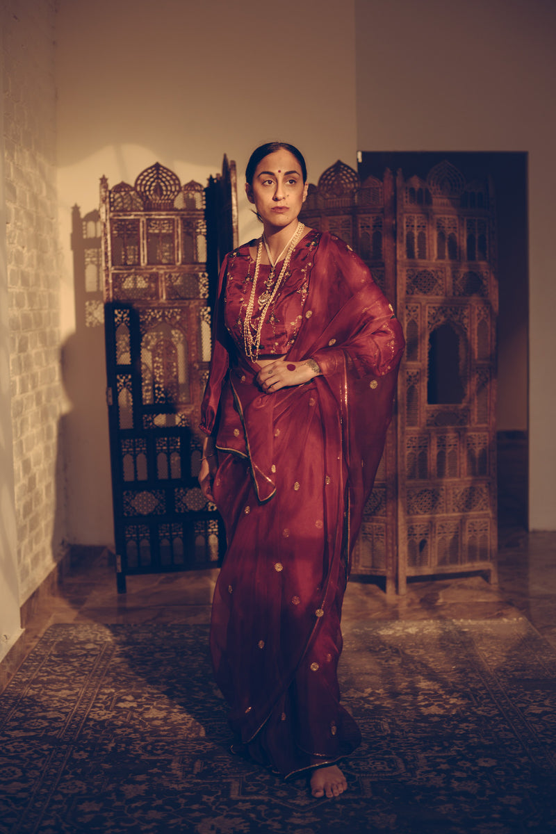 Maroon Phool Saree